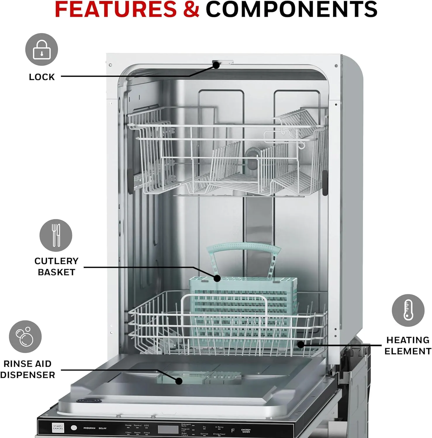 18-Inch Stainless Steel Dishwasher, 8 Place Settings, 6 Wash Programs, UL/Energy Star