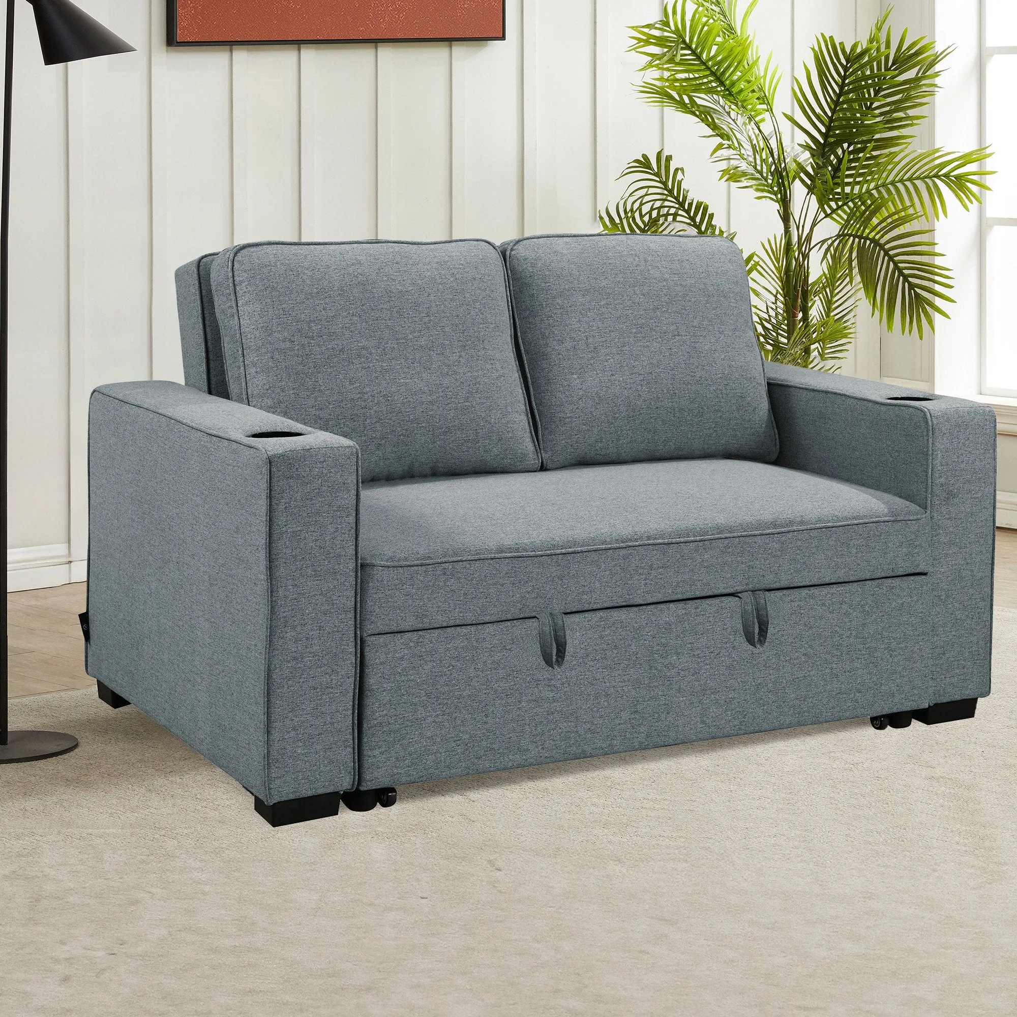 2-Seater Linen Sofa Bed, Cup Holders, Space-Saving, Dark Grey