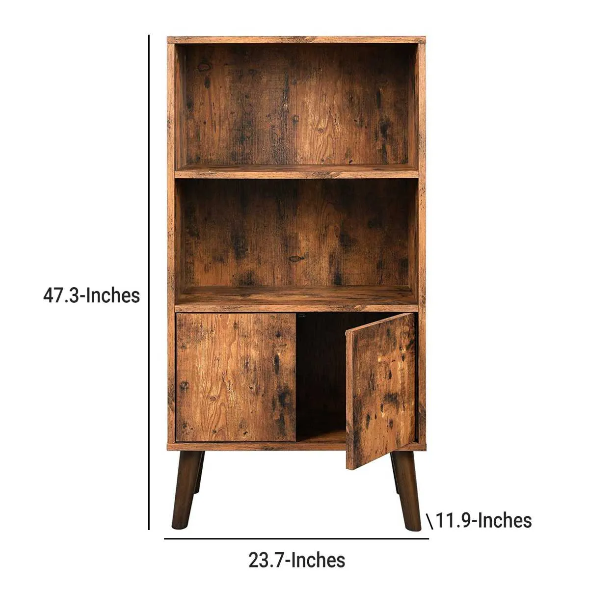 2 Tier Wooden Bookshelf With Storage Cabinet And Angled Legs, Brown By Benzara