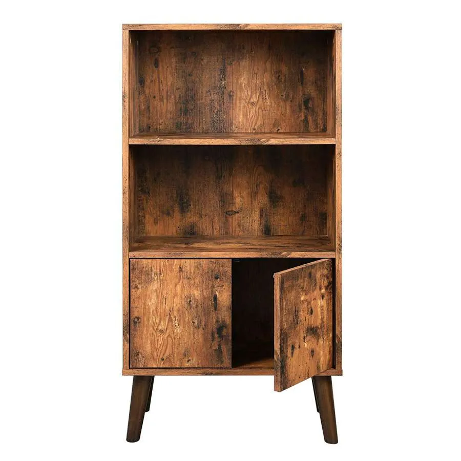 2 Tier Wooden Bookshelf With Storage Cabinet And Angled Legs, Brown By Benzara