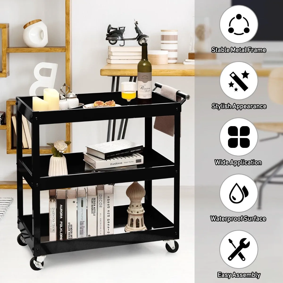 3-Tier Tool Trolley with Lockable Wheels for Garage Restaurant