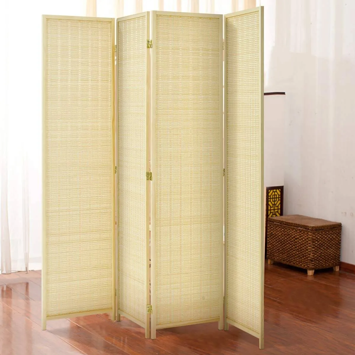 4 Panel Bamboo Room Divider, 6 Ft Tall Folding Privacy Screen Room Divider, Freestanding Partition Wall Dividers for Office,Bedroom, Beige