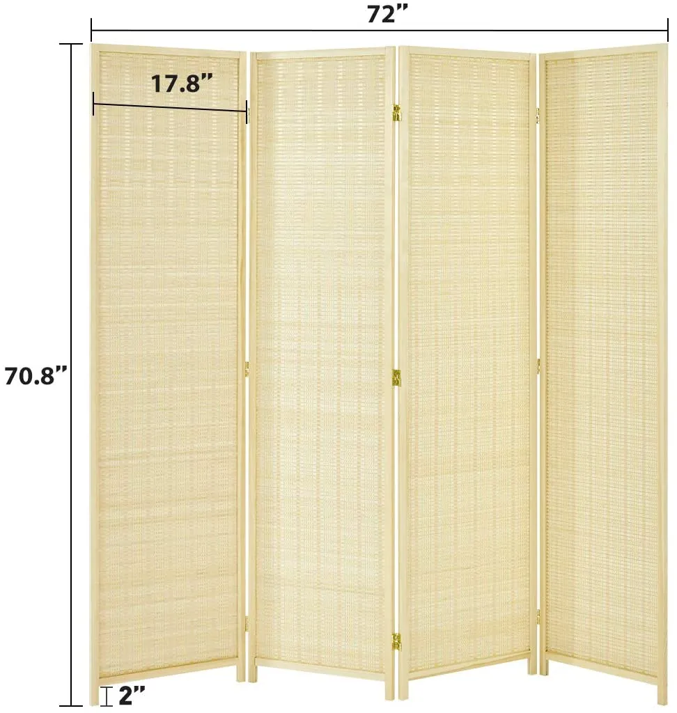 4 Panel Bamboo Room Divider, 6 Ft Tall Folding Privacy Screen Room Divider, Freestanding Partition Wall Dividers for Office,Bedroom, Beige