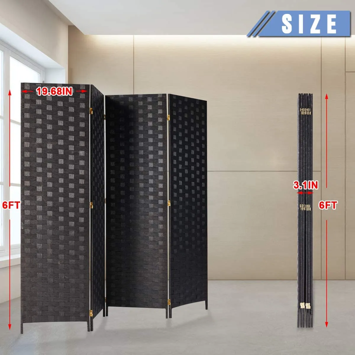 4 Panels Room Divider, 6 FT Tall Weave Fiber Room Divider, Double Hinged, Folding Privacy Screens, Freestanding Room Dividers, Black