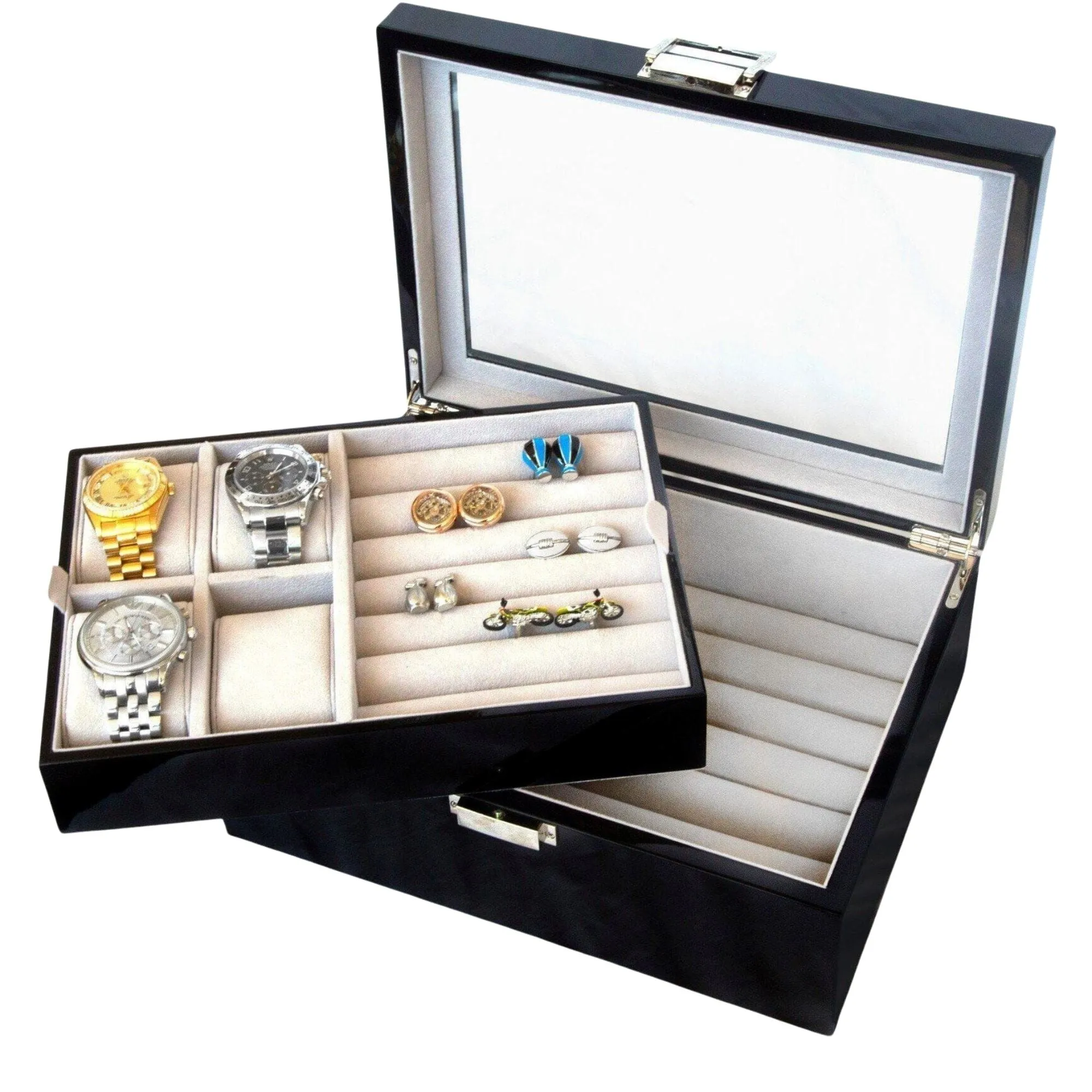 50 Pair Cufflink and Watch Box Double Decker Black