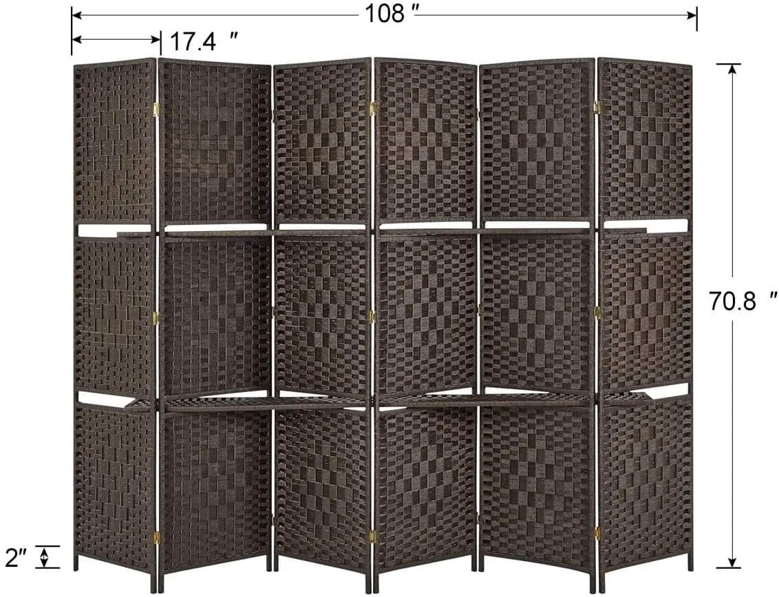 6 Panels Folding Room Divider 6ft Weave Fiber Privacy Screens with 2 Shelves, Double Hinged, Coffee