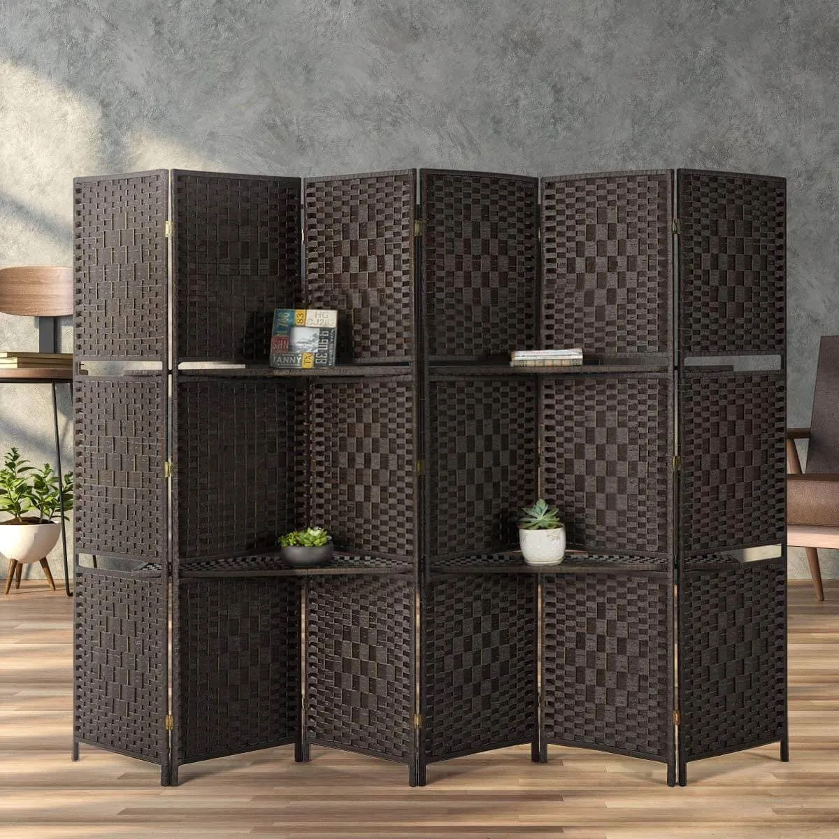 6 Panels Folding Room Divider 6ft Weave Fiber Privacy Screens with 2 Shelves, Double Hinged, Coffee