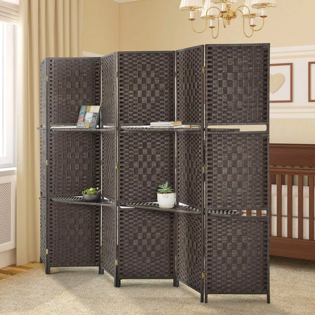 6 Panels Folding Room Divider 6ft Weave Fiber Privacy Screens with 2 Shelves, Double Hinged, Coffee