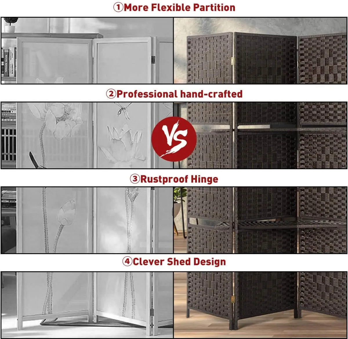 6 Panels Folding Room Divider 6ft Weave Fiber Privacy Screens with 2 Shelves, Double Hinged, Coffee