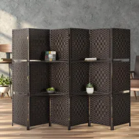 6 Panels Folding Room Divider 6ft Weave Fiber Privacy Screens with 2 Shelves, Double Hinged, Coffee