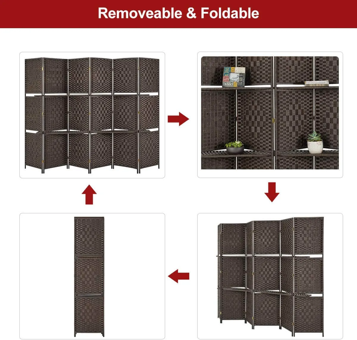 6 Panels Folding Room Divider 6ft Weave Fiber Privacy Screens with 2 Shelves, Double Hinged, Coffee