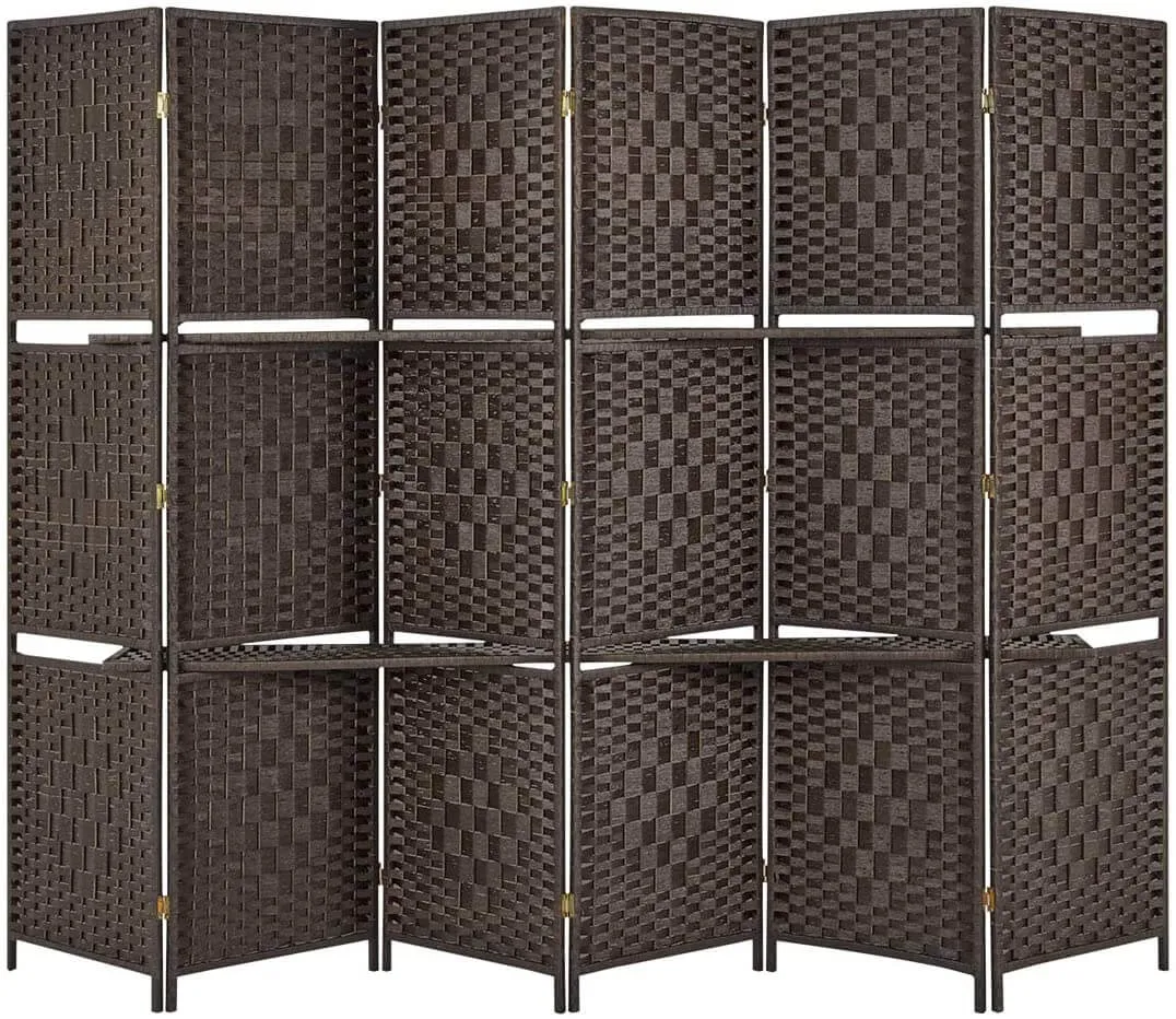 6 Panels Folding Room Divider 6ft Weave Fiber Privacy Screens with 2 Shelves, Double Hinged, Coffee