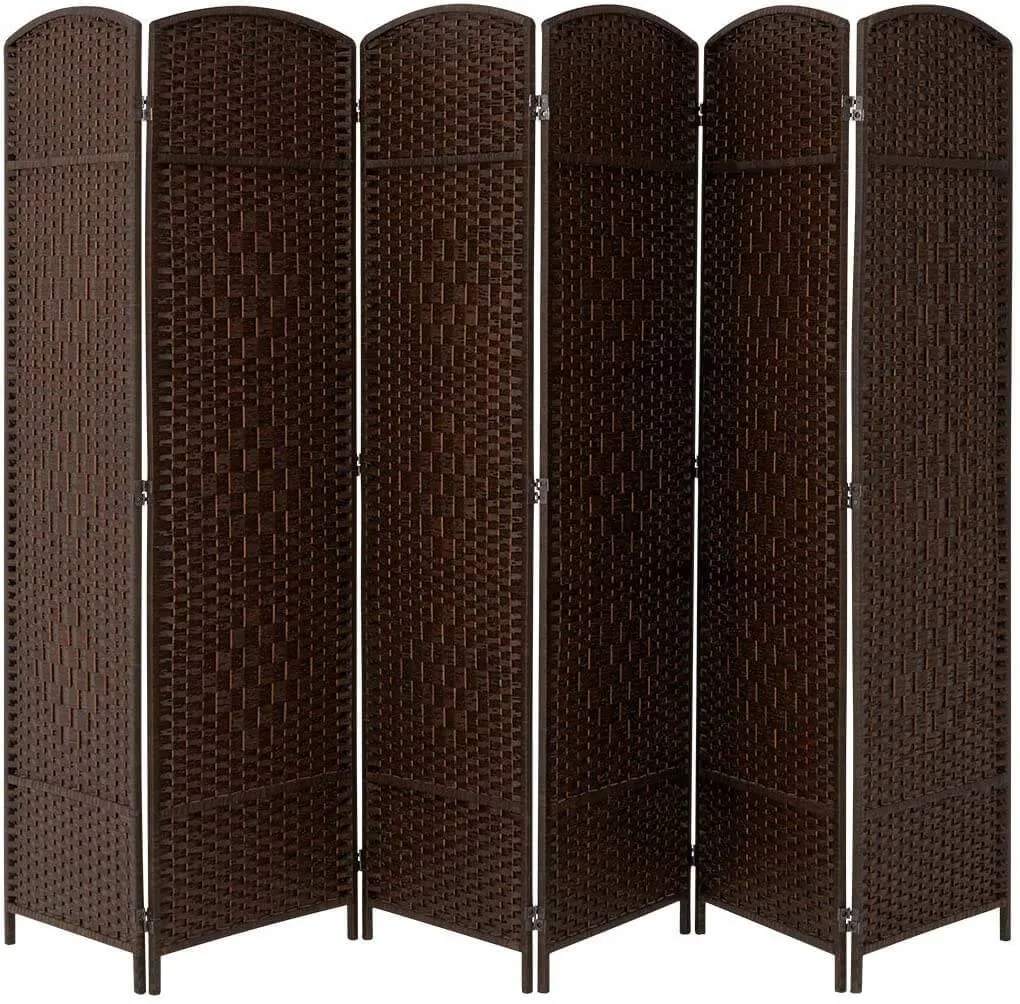 6 Panels Room Divider, 6 FT Tall Weave Fiber Room Divider, Double Hinged,Folding Privacy Screens, Freestanding Room Dividers, Coffee