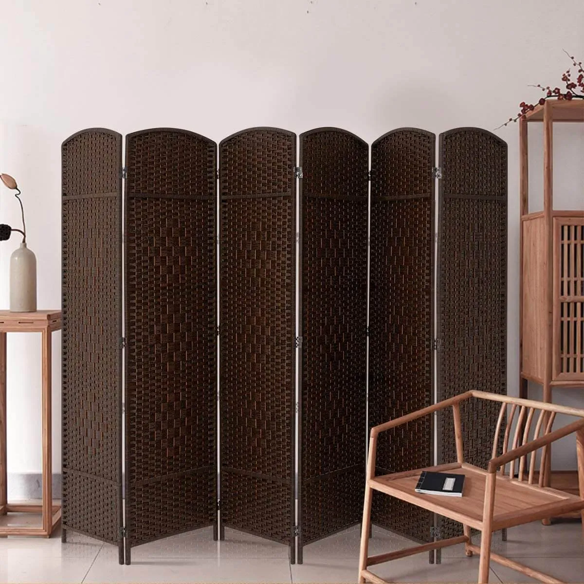 6 Panels Room Divider, 6 FT Tall Weave Fiber Room Divider, Double Hinged,Folding Privacy Screens, Freestanding Room Dividers, Coffee