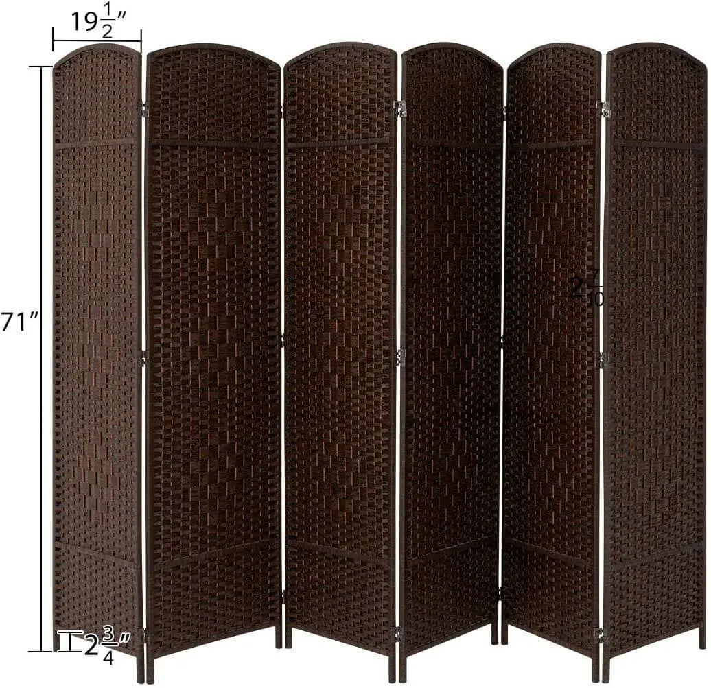 6 Panels Room Divider, 6 FT Tall Weave Fiber Room Divider, Double Hinged,Folding Privacy Screens, Freestanding Room Dividers, Coffee