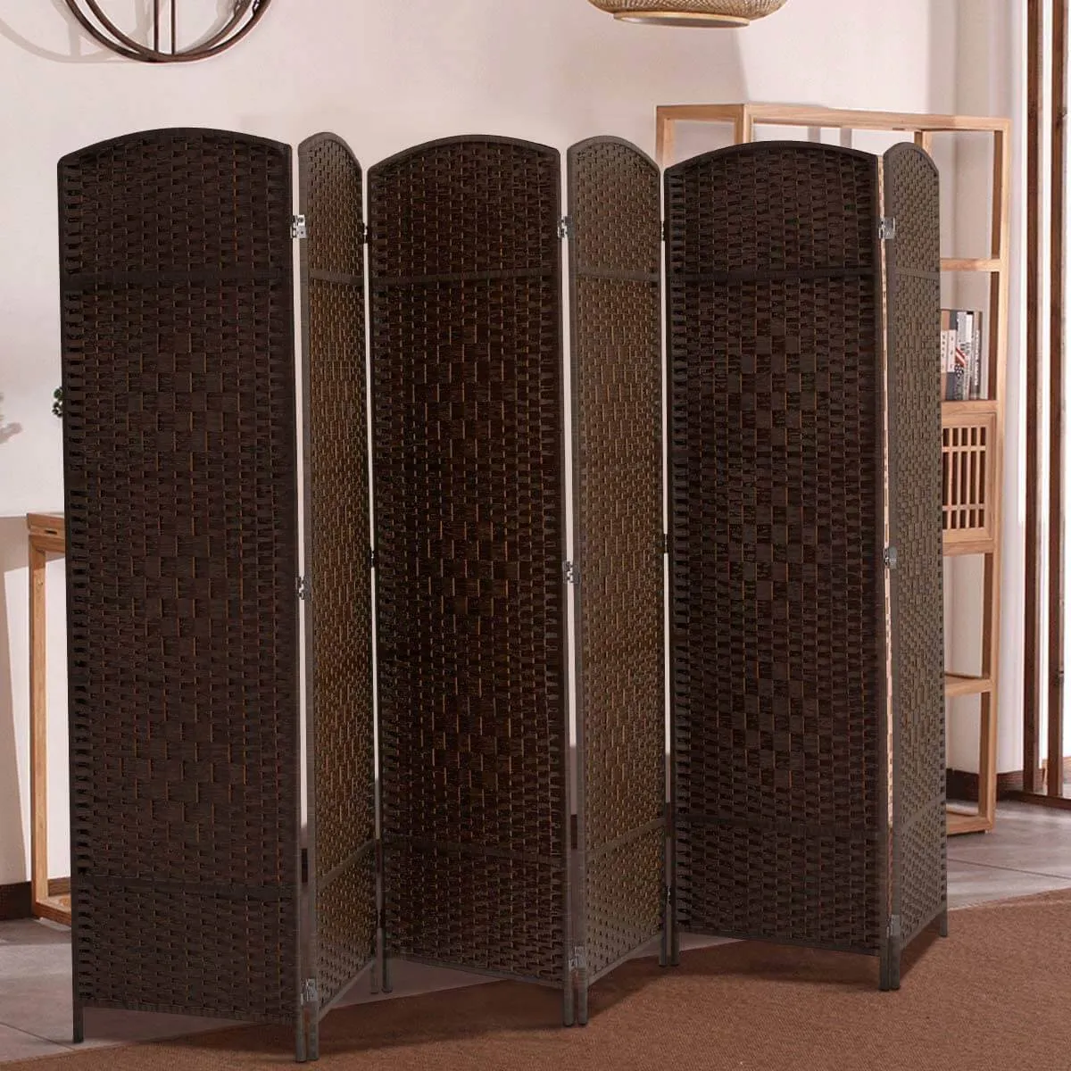 6 Panels Room Divider, 6 FT Tall Weave Fiber Room Divider, Double Hinged,Folding Privacy Screens, Freestanding Room Dividers, Coffee