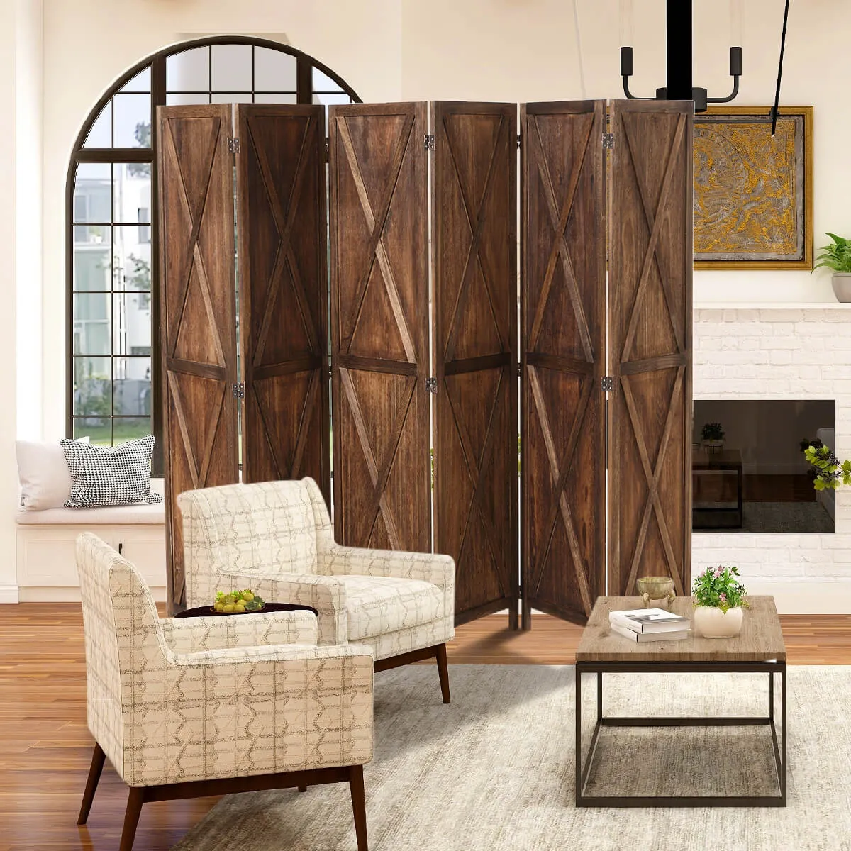 6 Panels Wood Room Divider 5.6 FT X-Shaped Rustic Folding Privacy Screens, Brown