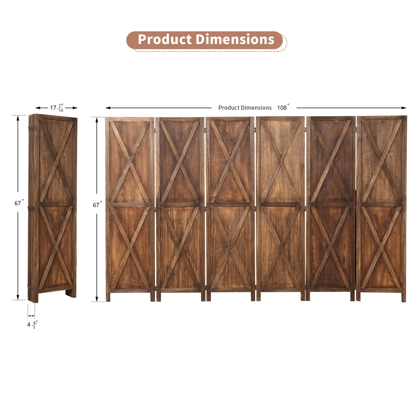 6 Panels Wood Room Divider 5.6 FT X-Shaped Rustic Folding Privacy Screens, Brown