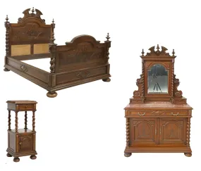 Antique Bedroom Set, Louis XIII Style, Set of 3, Bed, Stand, Dresser, 1800s!