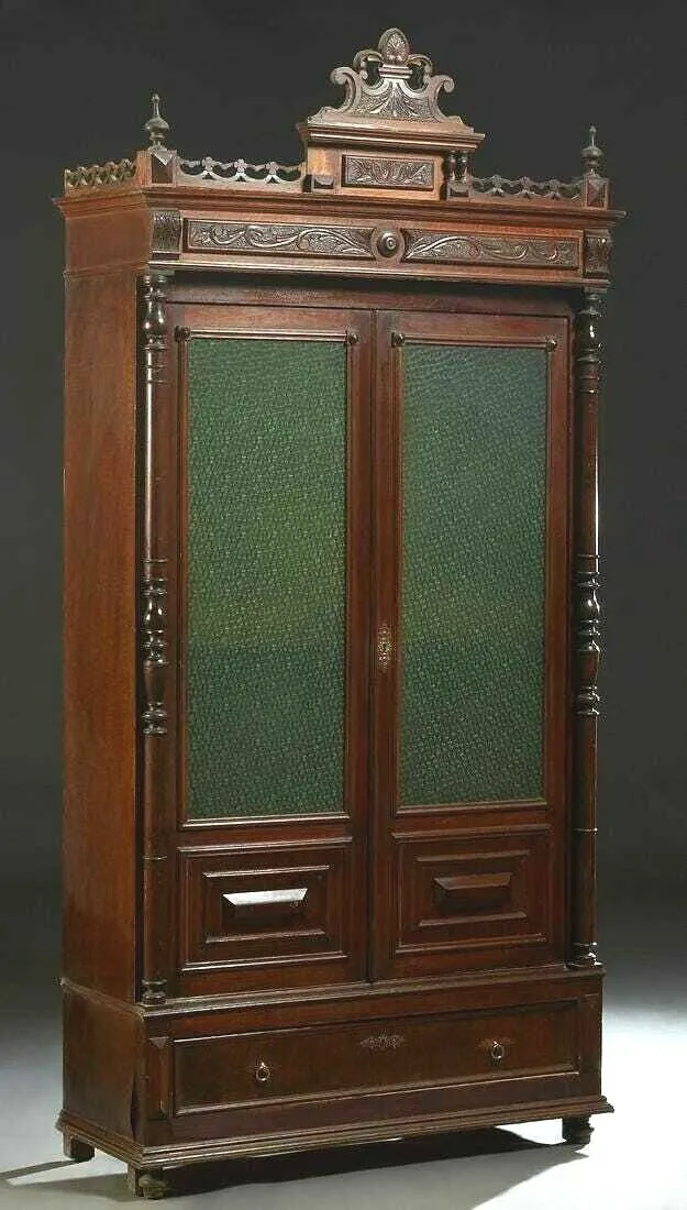 Antique Bookcase, French Provincial Carved Walnut Dark Wood Tones, Circa. 1870's