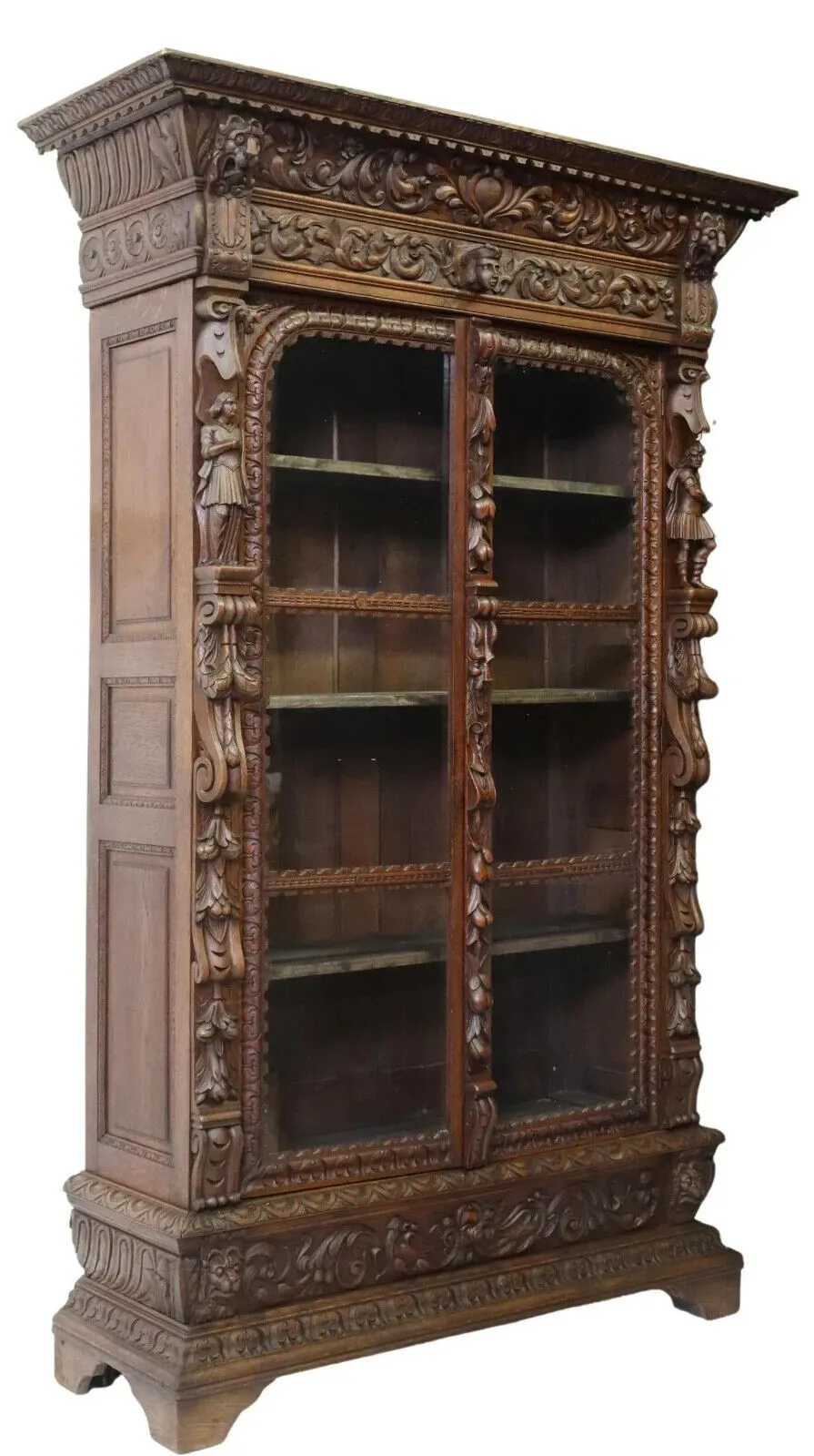 Antique Bookcase, French Renaissance Revival, Carved Oak, Scrolls, Masks, 1800s