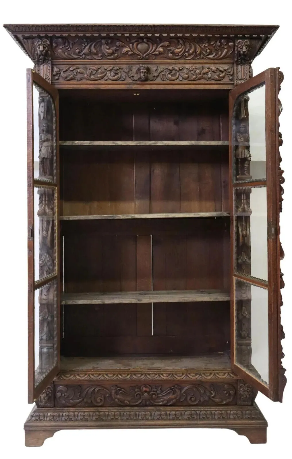 Antique Bookcase, French Renaissance Revival, Carved Oak, Scrolls, Masks, 1800s