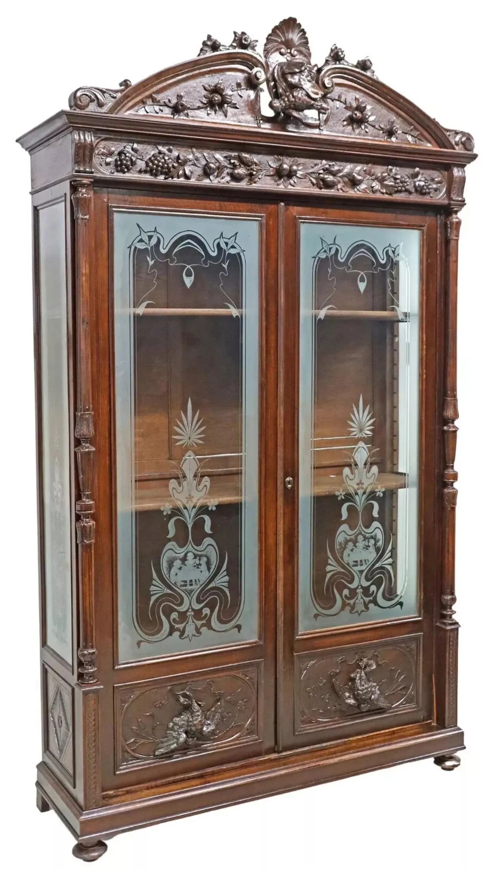 Antique Bookcase, Italian, Hunt, Carved Walnut, Etched Glass, Display, 1800s!!