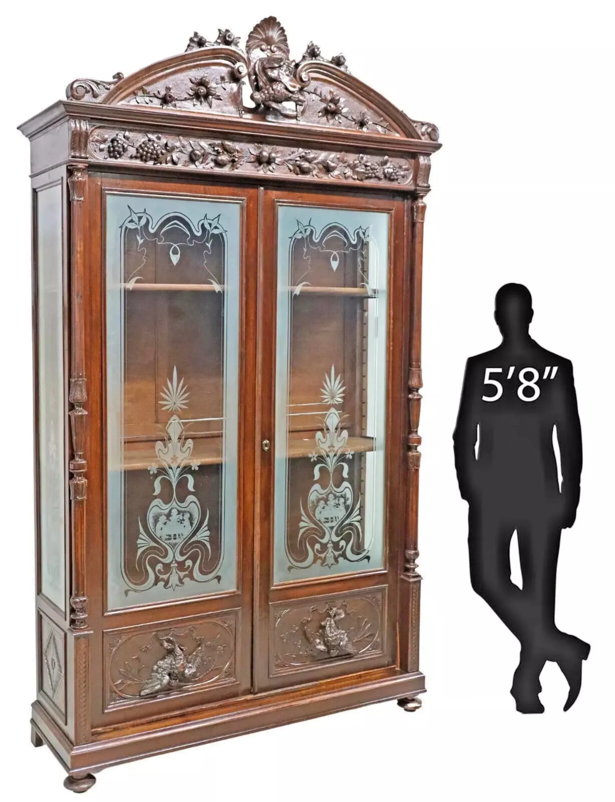 Antique Bookcase, Italian, Hunt, Carved Walnut, Etched Glass, Display, 1800s!!