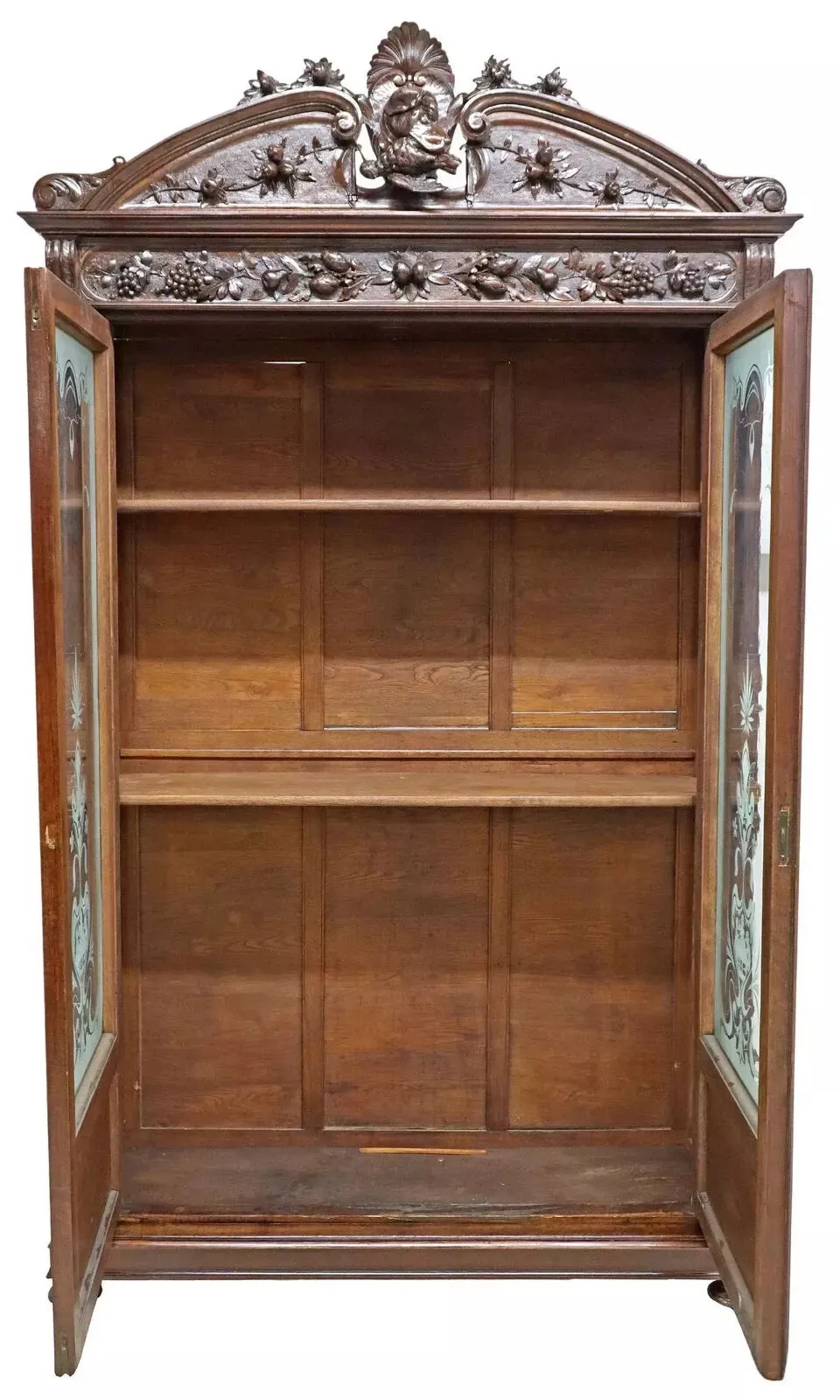 Antique Bookcase, Italian, Hunt, Carved Walnut, Etched Glass, Display, 1800s!!