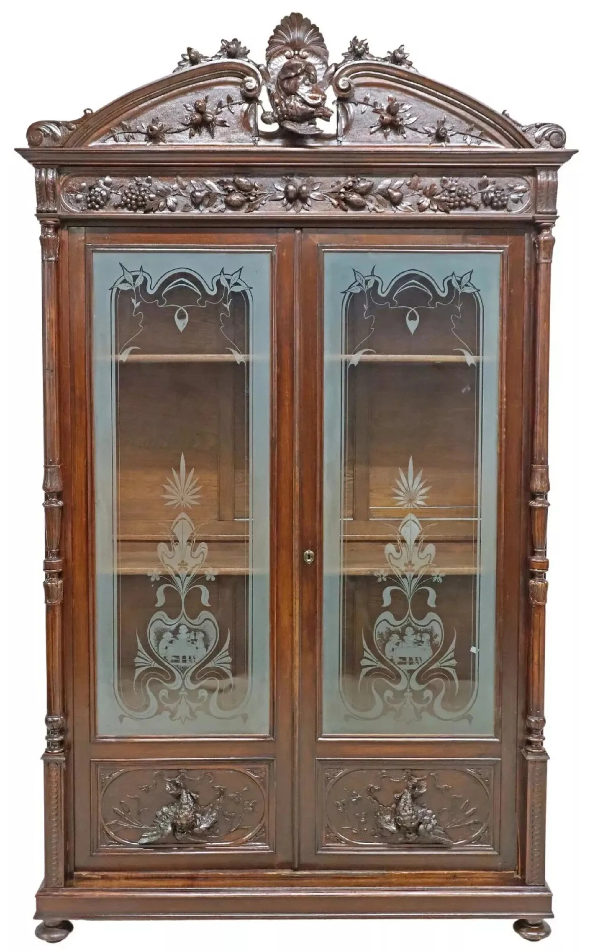 Antique Bookcase, Italian, Hunt, Carved Walnut, Etched Glass, Display, 1800s!!