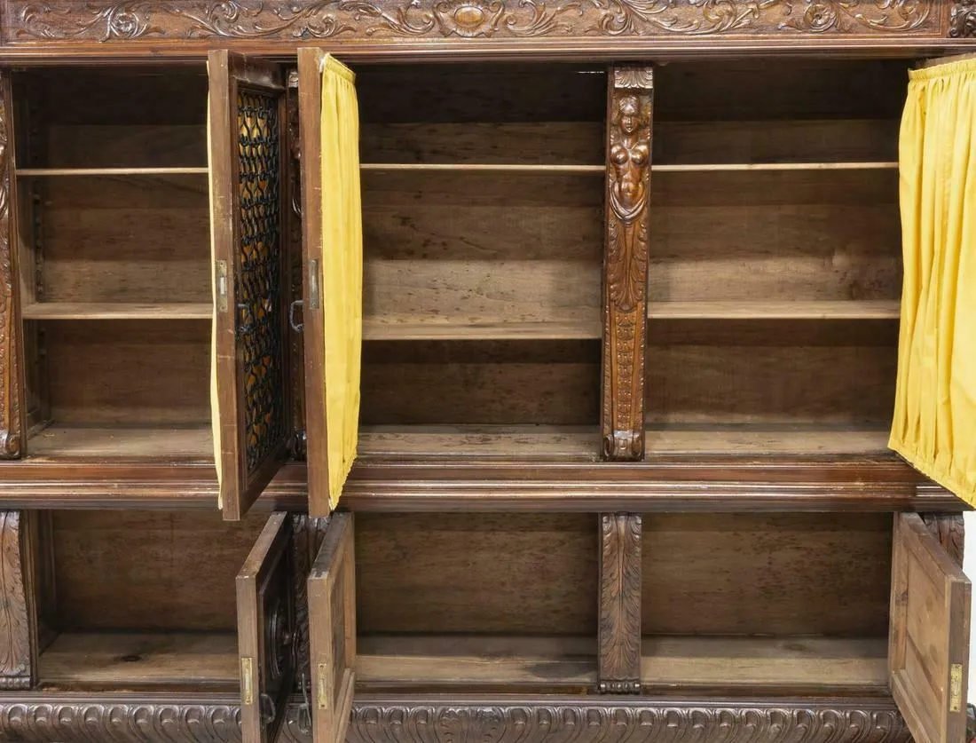 Antique Bookcase, Italian Renaissance Revival Carved Walnut, 19th C., 1800s!!