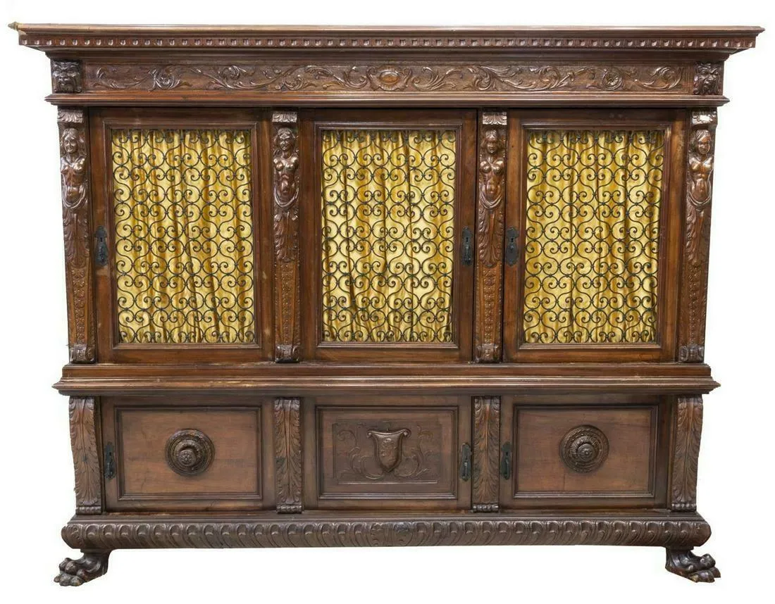 Antique Bookcase, Italian Renaissance Revival Carved Walnut, 19th C., 1800s!!