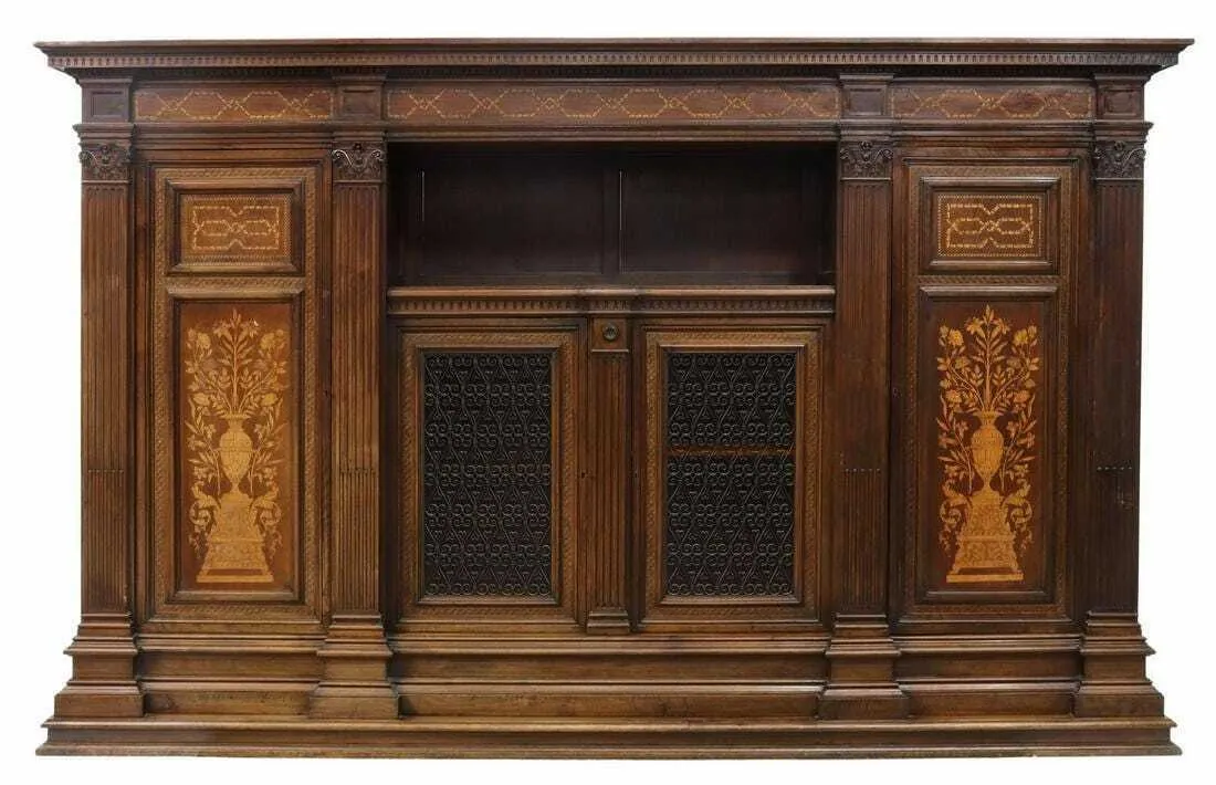 Antique Bookcase, Italian Renaissance Revival, Walnut Monumental Vintage, 1900's