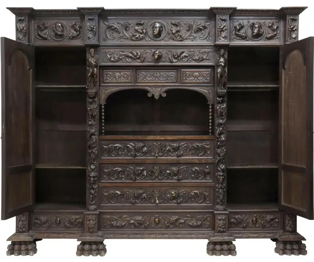 Antique Bookcase, Spanish, Library, Highly Carved & Painted, Walnut, 1800s!