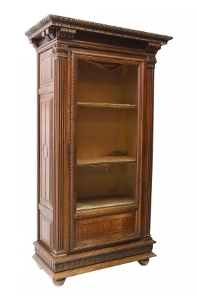 Antique Bookcase, Vitrine, Cabinet, French Renaissance Revival, Walnut, 1800s!