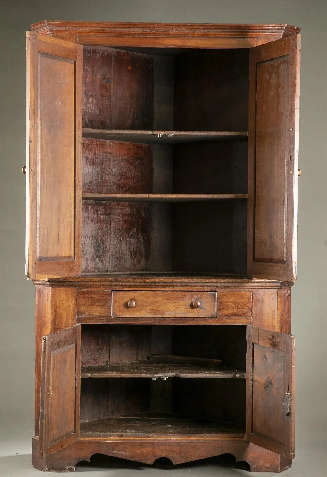 Antique Cabinet, Corner, American, Federal, Mahogany, Shelves, Drawer,E. 1800s