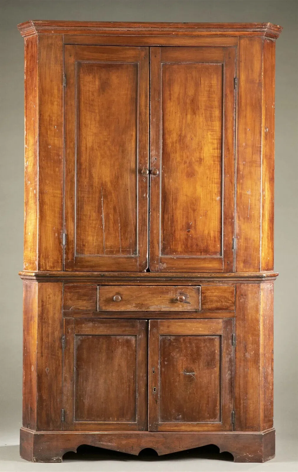 Antique Cabinet, Corner, American, Federal, Mahogany, Shelves, Drawer,E. 1800s