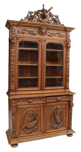 Antique Cabinet, Hunt, Oak, Foliate, French Game Bird & Deer Carved, 1800's!!