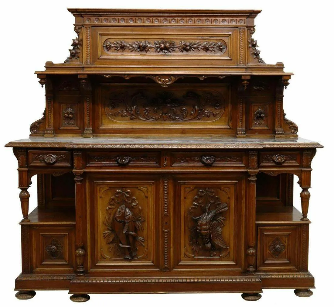 Antique Cabinet, Sideboard, Sid Hunt, French Marble-Top Walnut, 1800s, Gorgeous!