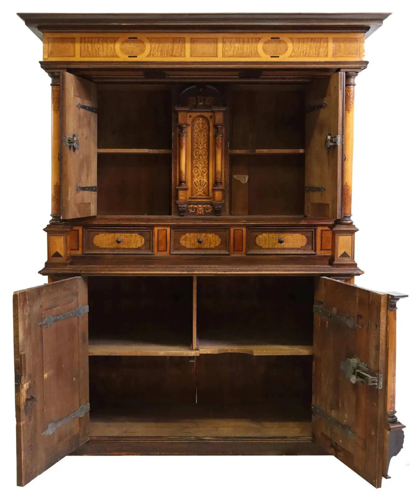 Antique Cupboard, Renaissance Revival, Inlaid Carved Oak, Shelves, Drawers, 1800