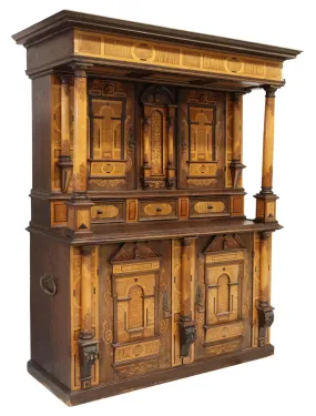 Antique Cupboard, Renaissance Revival, Inlaid Carved Oak, Shelves, Drawers, 1800