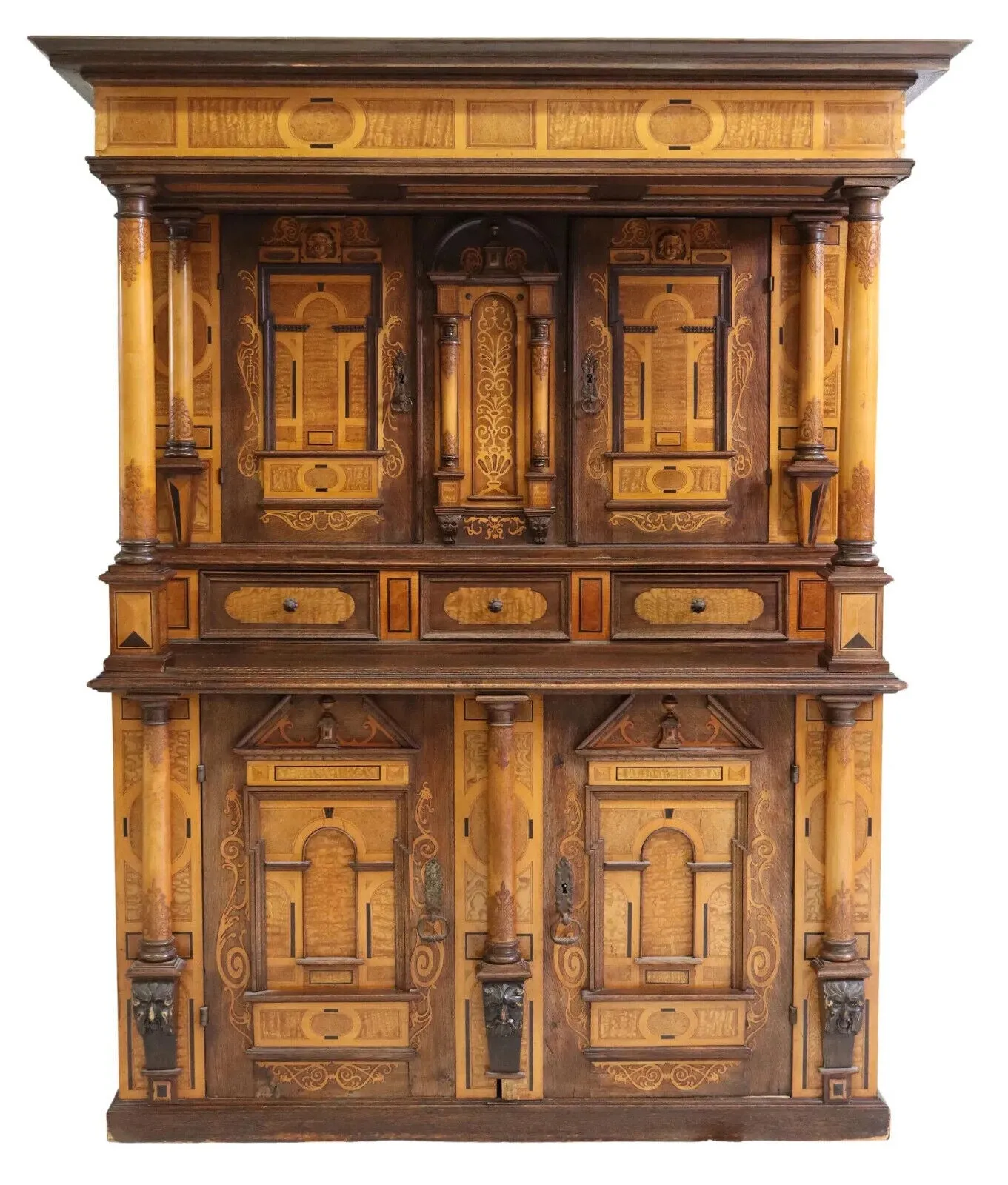 Antique Cupboard, Renaissance Revival, Inlaid Carved Oak, Shelves, Drawers, 1800