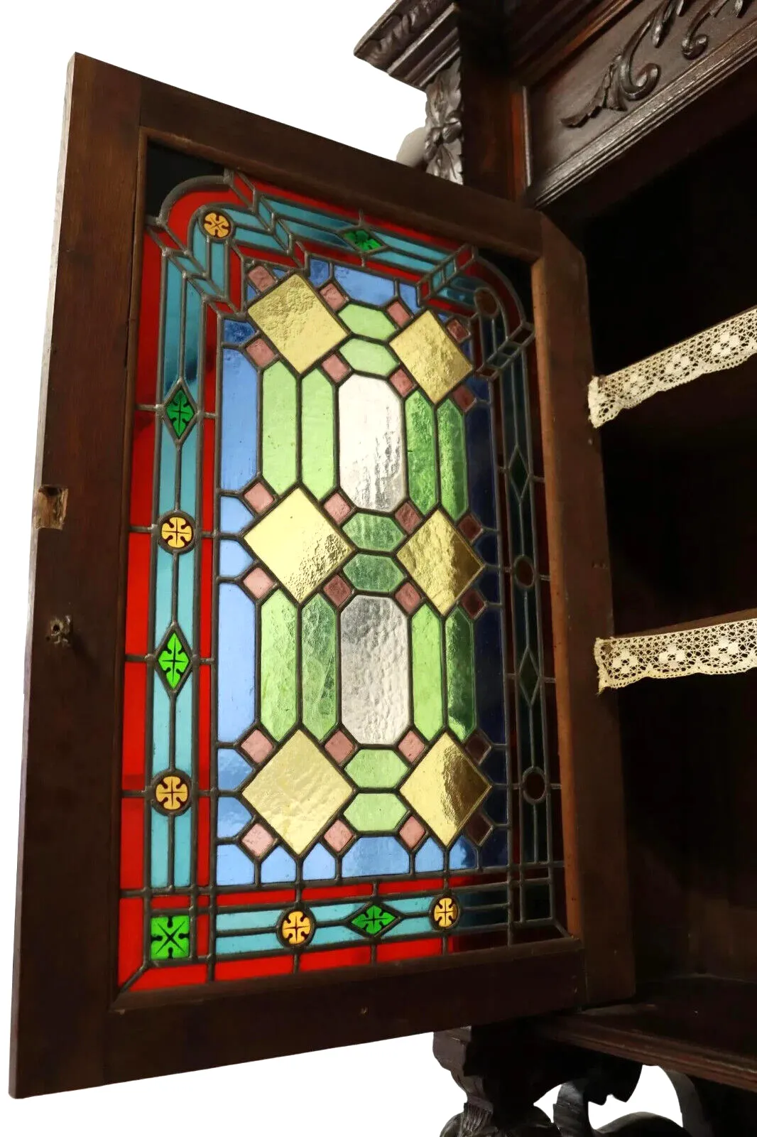 Antique Sideboard, Hunt, French Carved Oak & Stained Leaded Glass, Crest, 1800s