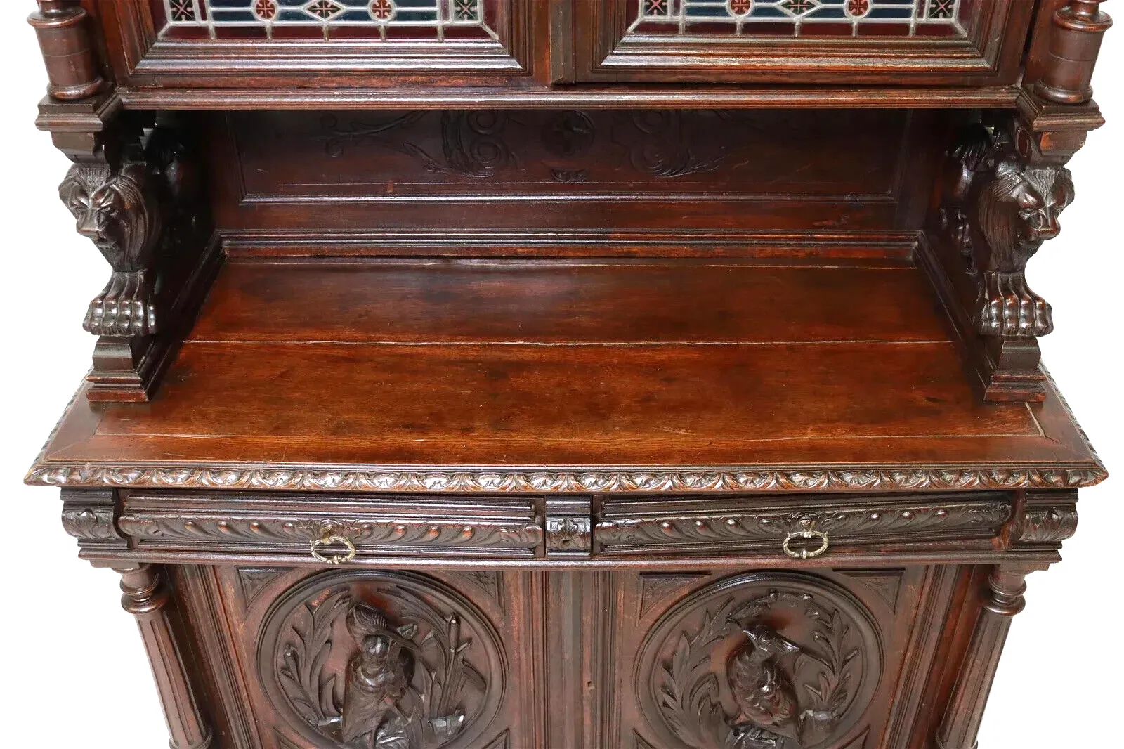 Antique Sideboard, Hunt, French Carved Oak & Stained Leaded Glass, Crest, 1800s