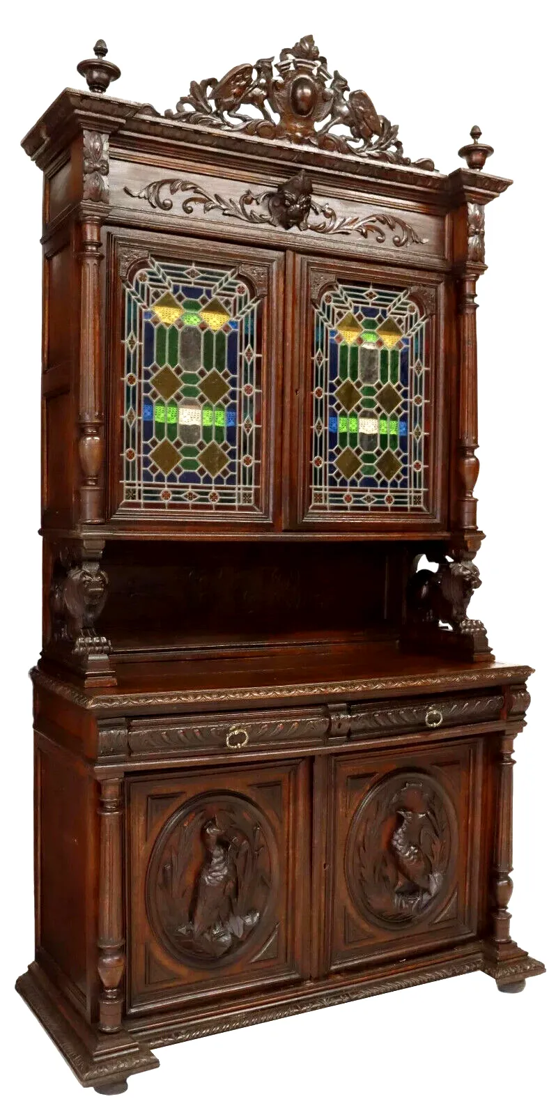 Antique Sideboard, Hunt, French Carved Oak & Stained Leaded Glass, Crest, 1800s