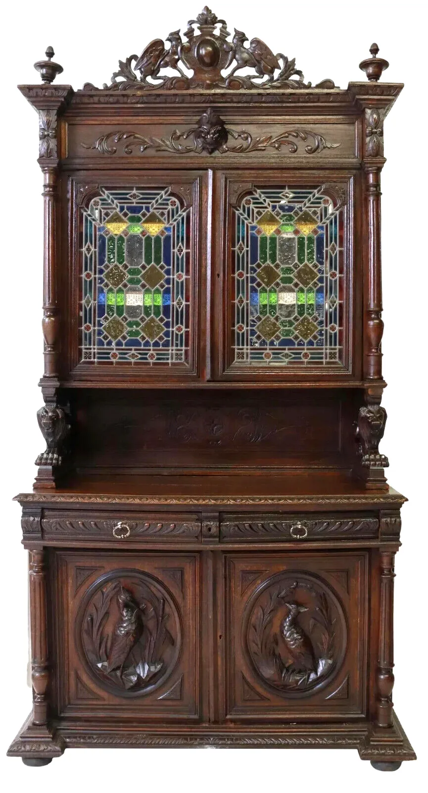 Antique Sideboard, Hunt, French Carved Oak & Stained Leaded Glass, Crest, 1800s