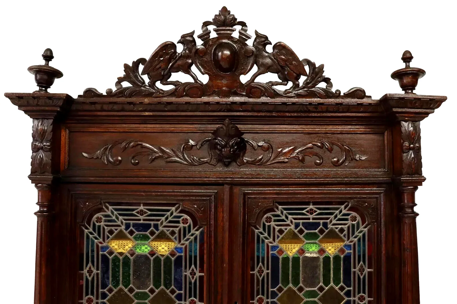 Antique Sideboard, Hunt, French Carved Oak & Stained Leaded Glass, Crest, 1800s