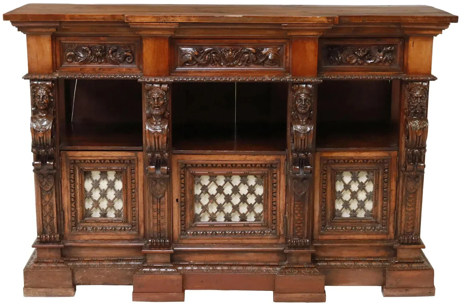 Antique Sideboard, Italian Renaissance Revival, Breakfront, Carved Walnut, 1800s