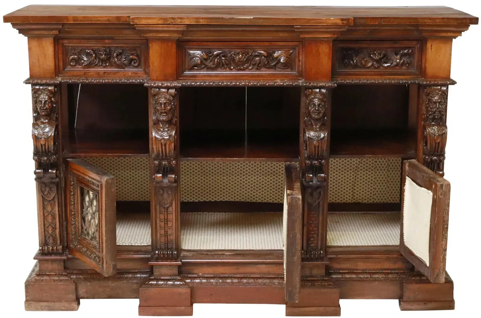 Antique Sideboard, Italian Renaissance Revival, Breakfront, Carved Walnut, 1800s