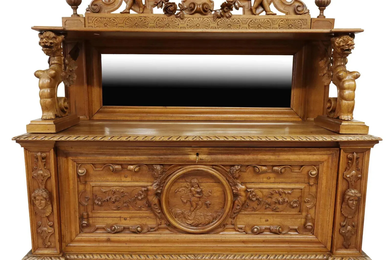 Antique Sideboard, Renaissance Revival Carved Walnut, Figural, Crest, 1800s!!